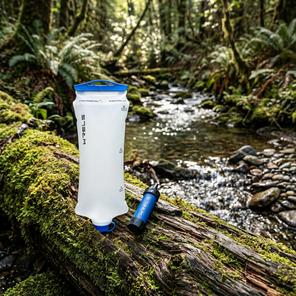 White water collection bag with filter straw on a mossy log