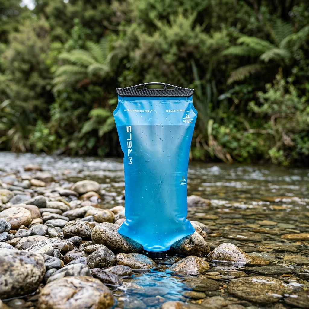 Blue collapsible water collection bag on river stones