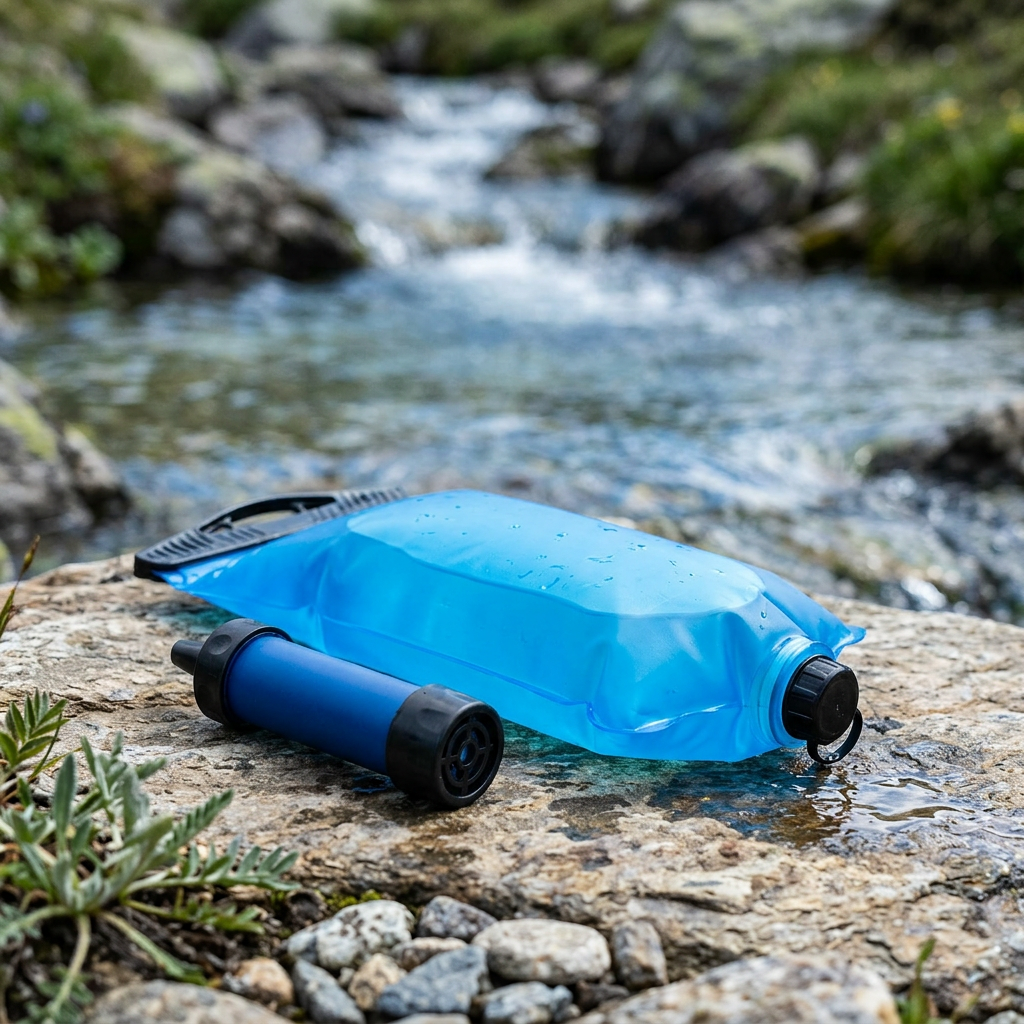 Blue water collection bag with filter straw beside an alpine stream