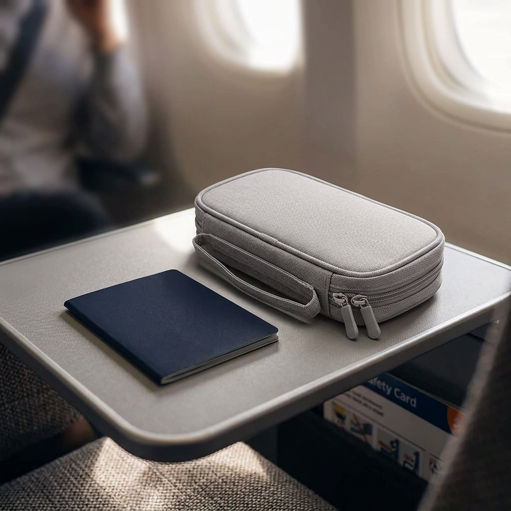 Light grey electronics organiser on an aircraft tray table
