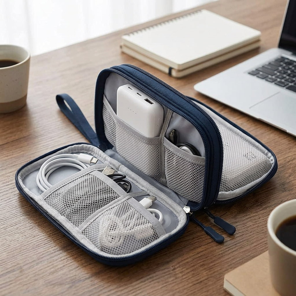 Navy blue electronics organiser open on a desk with cables