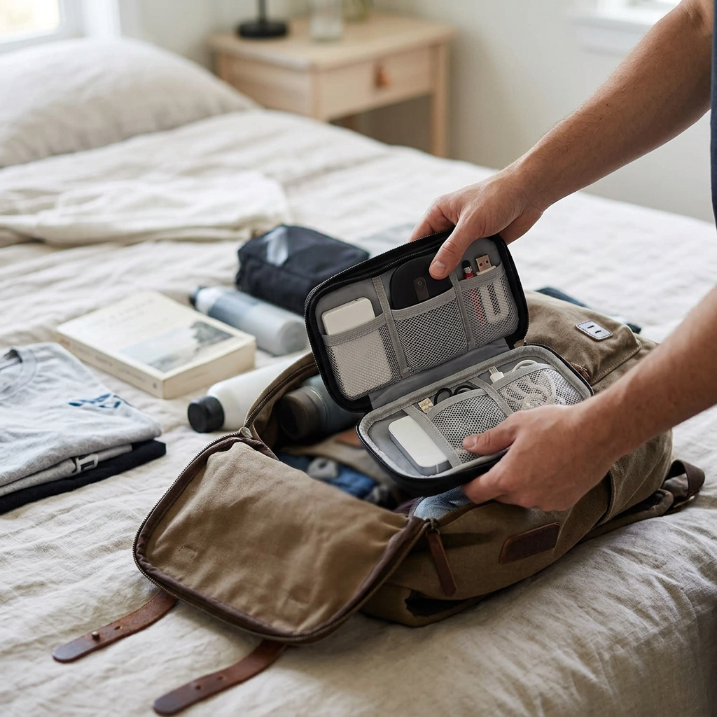 Black electronics organiser being packed into a backpack