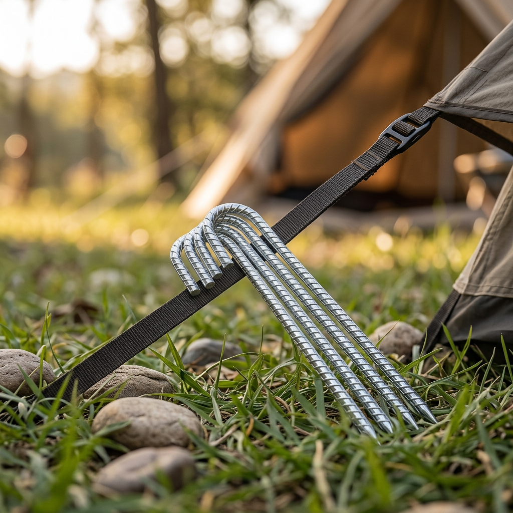 Four J-hook rebar ground stakes on grass beside a tent guy line