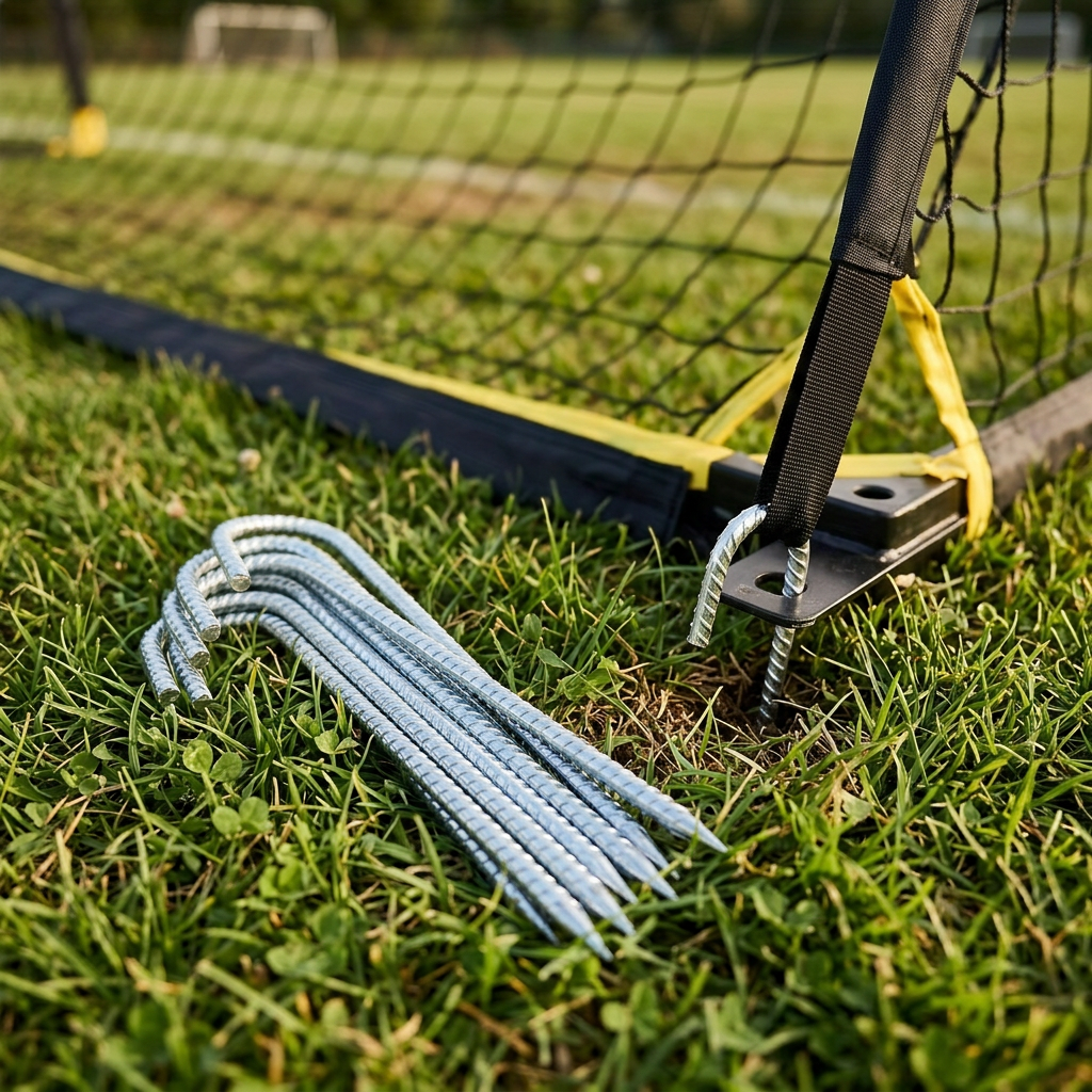 Eight J-hook rebar ground stakes on grass beside a sports net anchor