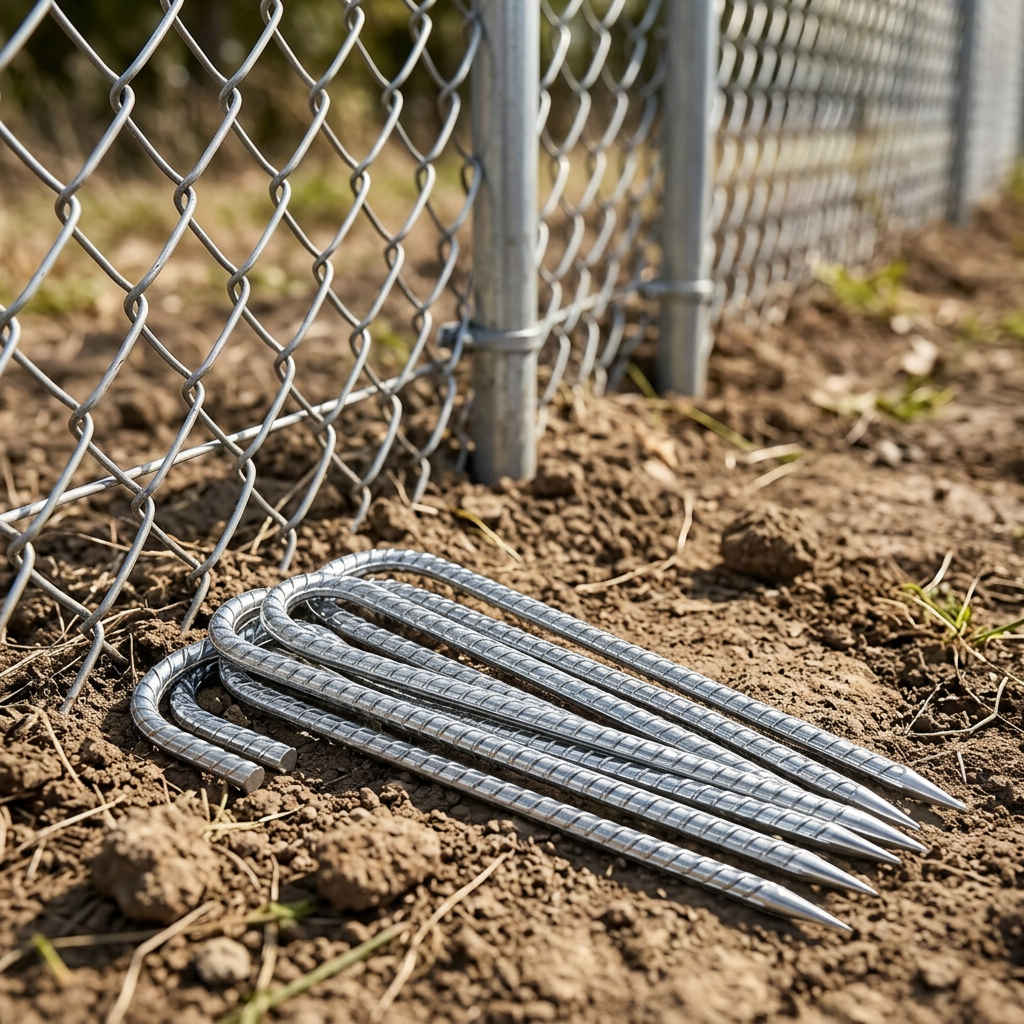 Six J-hook rebar ground stakes on soil beside a fence line