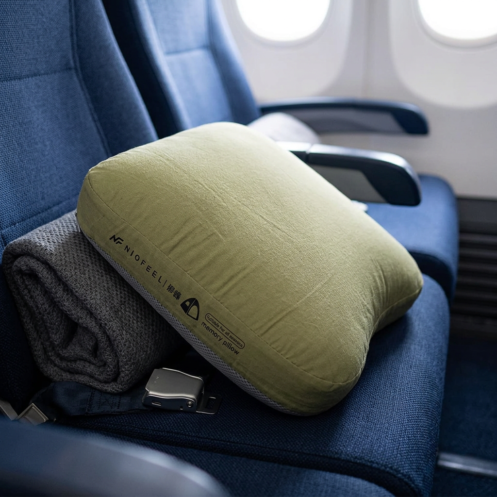 Green memory foam neck pillow on an aircraft seat