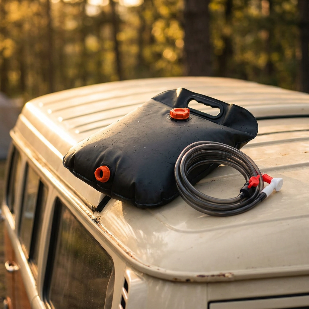 Black solar shower bag warming on a camper van roof