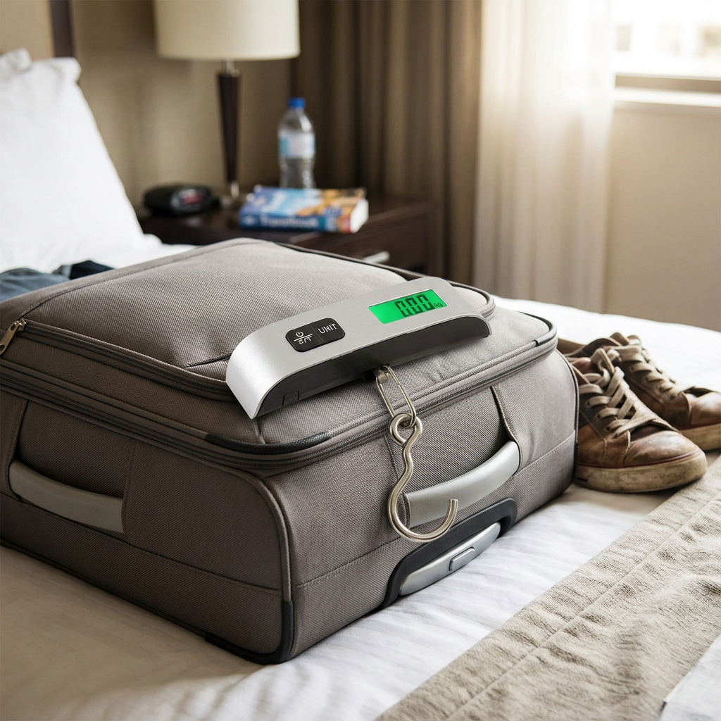 Digital luggage scale with hook resting on a packed suitcase