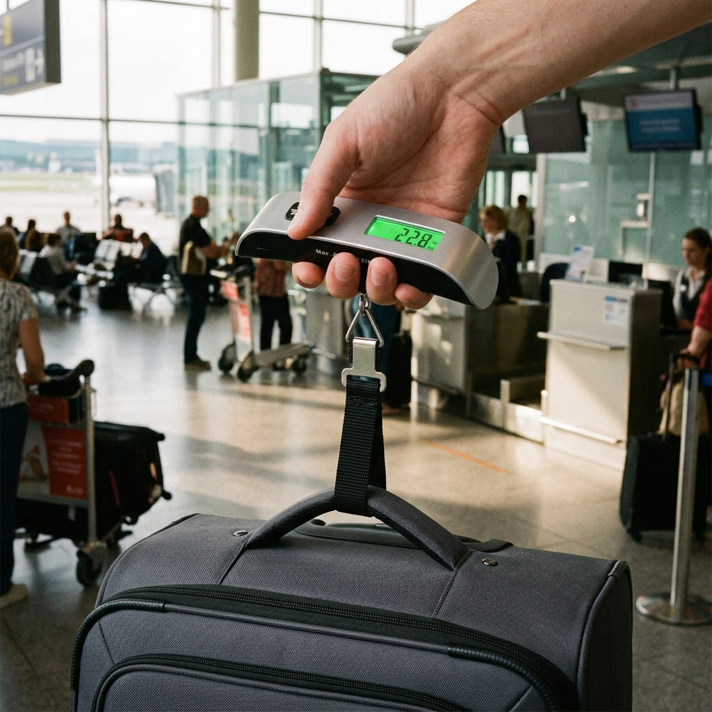 Digital luggage scale with webbing strap weighing a suitcase