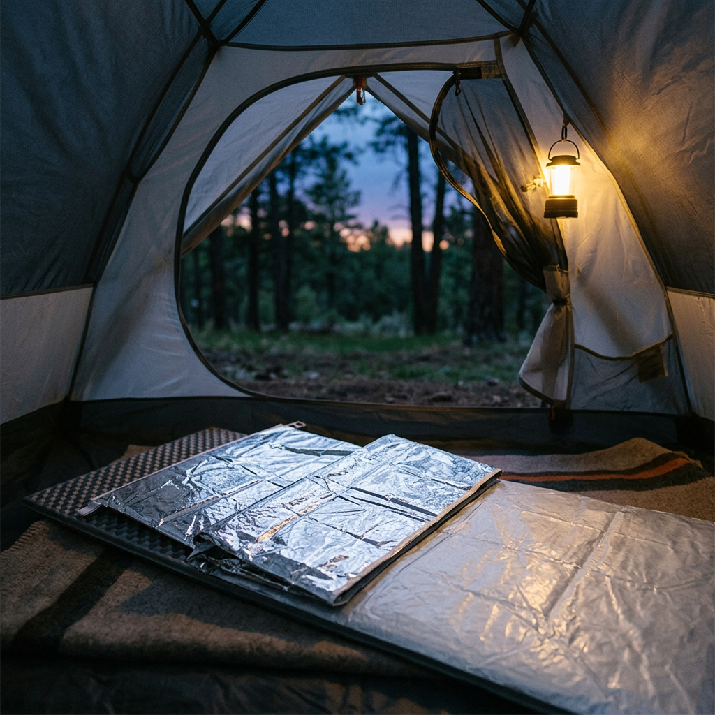 Silver reflective sleeping bag unrolled inside a tent