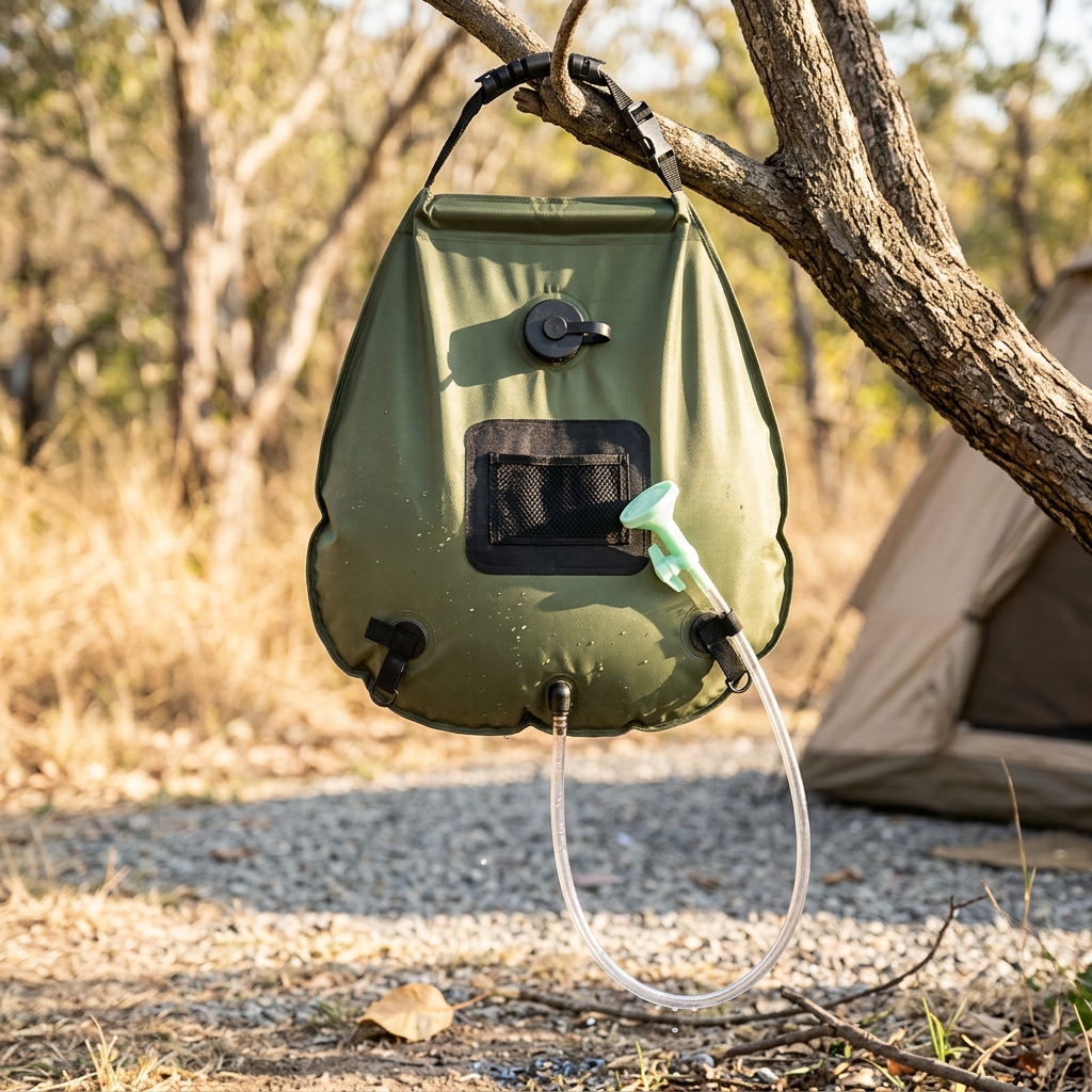 Green solar shower bag hanging filled at a campsite
