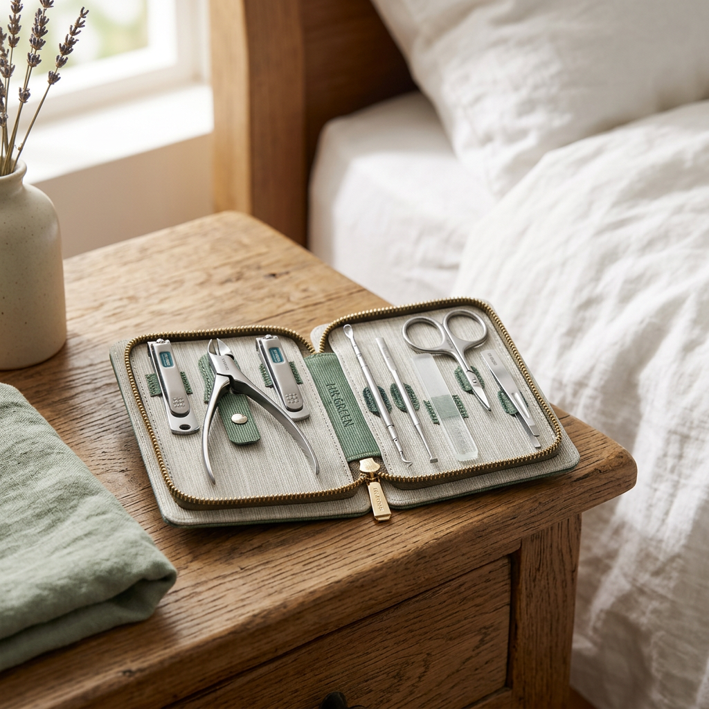 Manicure set open on a bedside table beside a towel