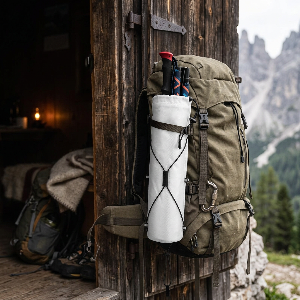 Trekking pole carry bag hanging at a mountain hut doorway