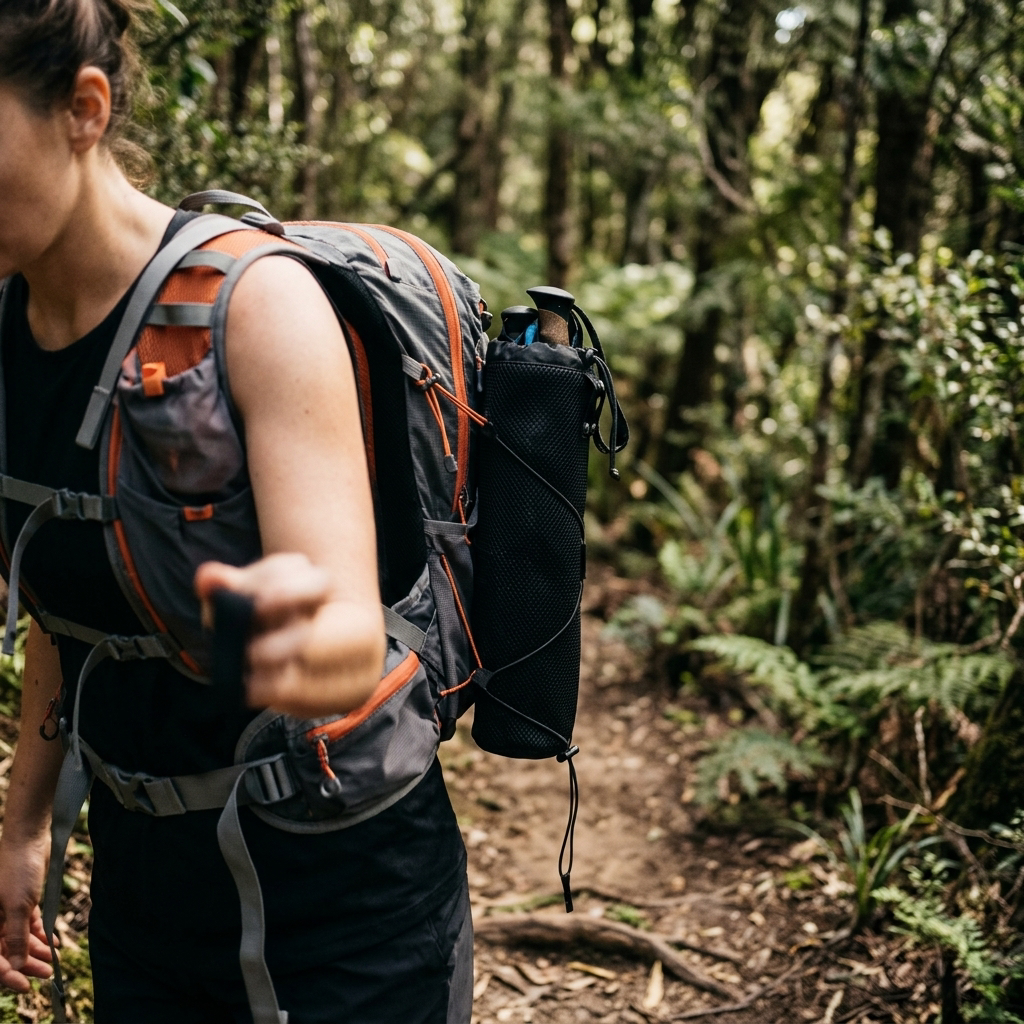 Black trekking pole carry bag strapped to a hiking vest pack