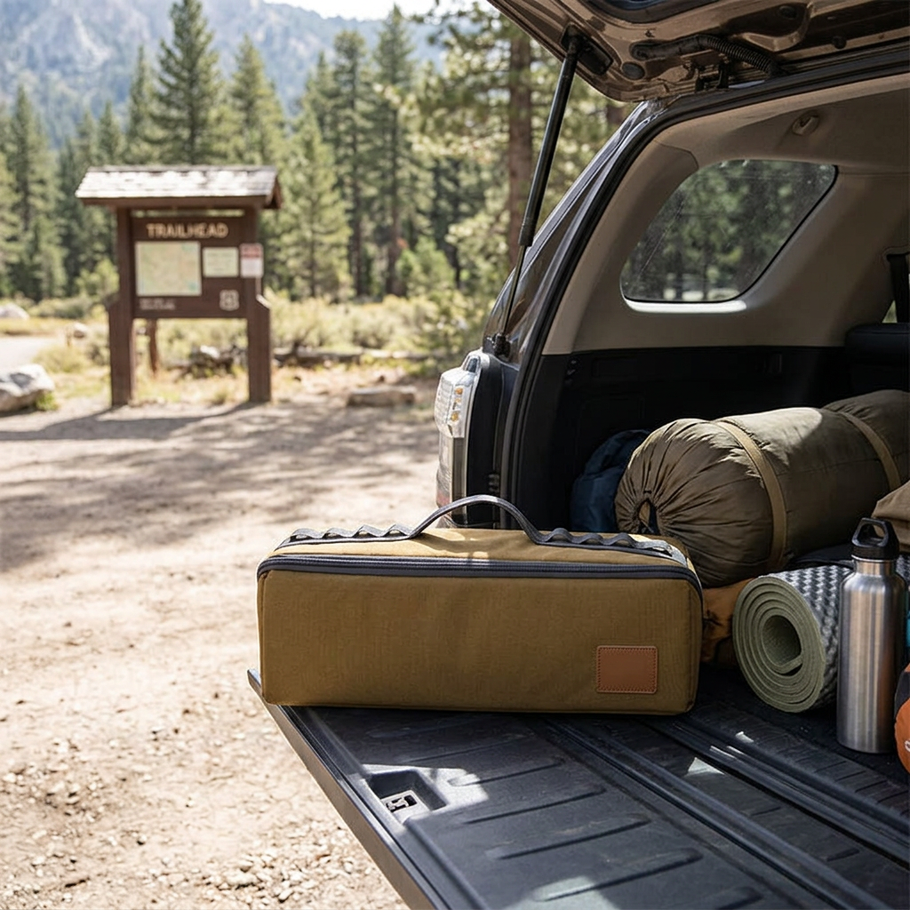 Khaki folding camping storage box packed in a vehicle boot