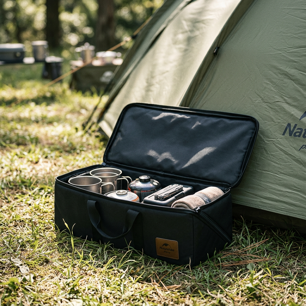 Black folding camping storage box open beside a tent