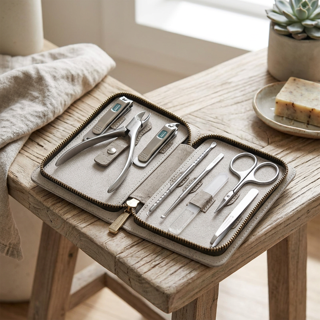 Manicure set open in its travel case on a bathroom bench