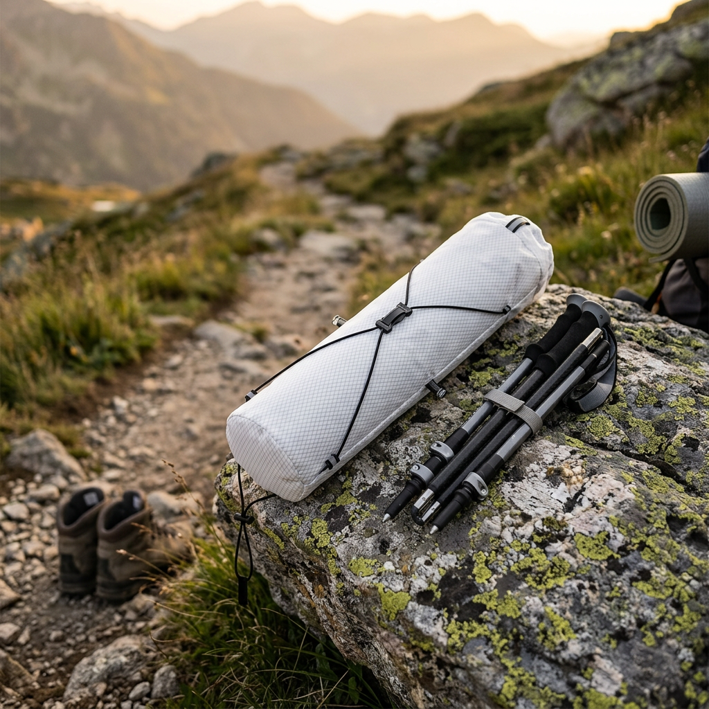 White trekking pole carry bag on a rock beside folded poles