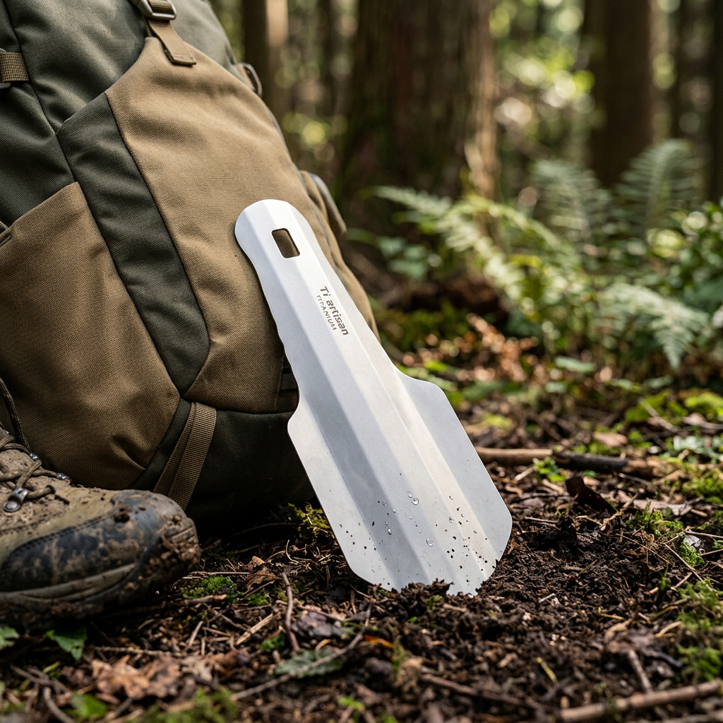 Titanium camping trowel on forest soil beside a pack