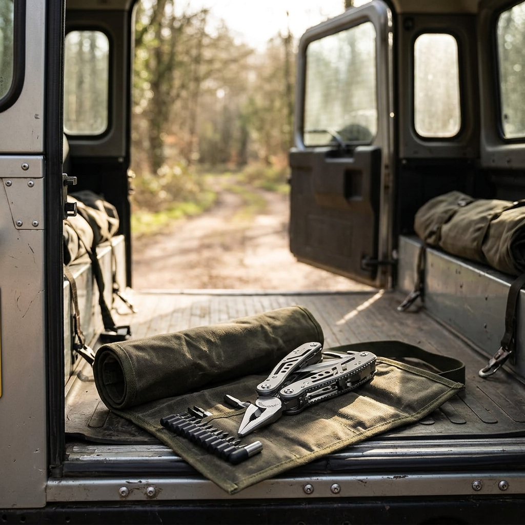 Silver multifunctional pliers on a tool roll in a vehicle