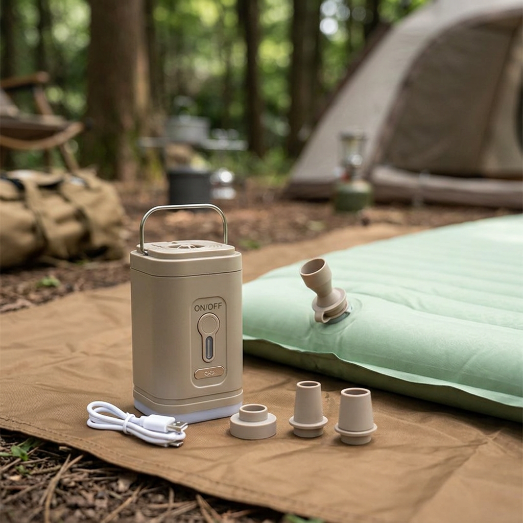 Mini electric air pump beside a camping mat at a campsite