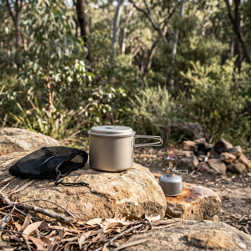 Titanium camping pot with folding handles and mesh bag at a campsite