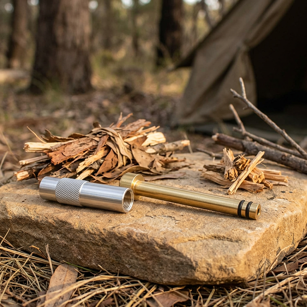 Brass fire piston on a stone beside kindling at a bush campsite