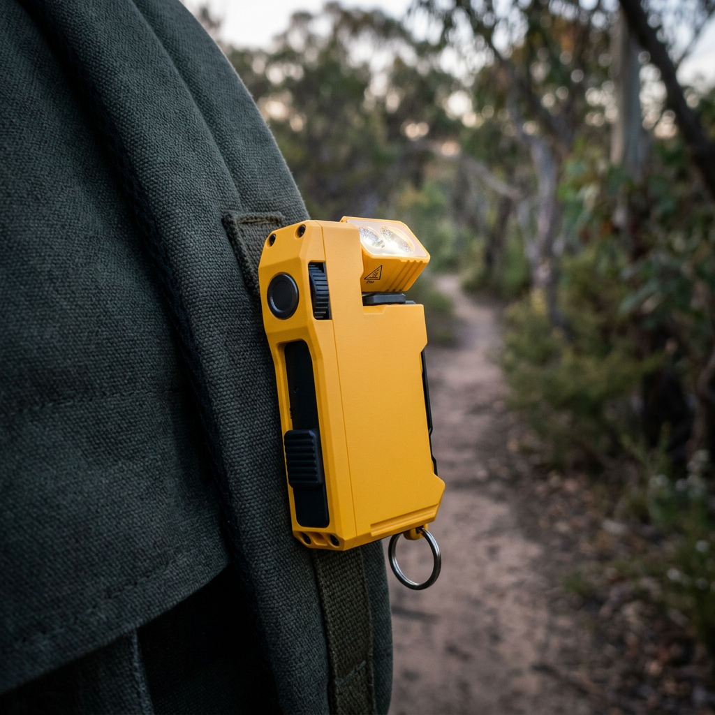 Compact rotating-head keychain flashlight clipped to a backpack strap