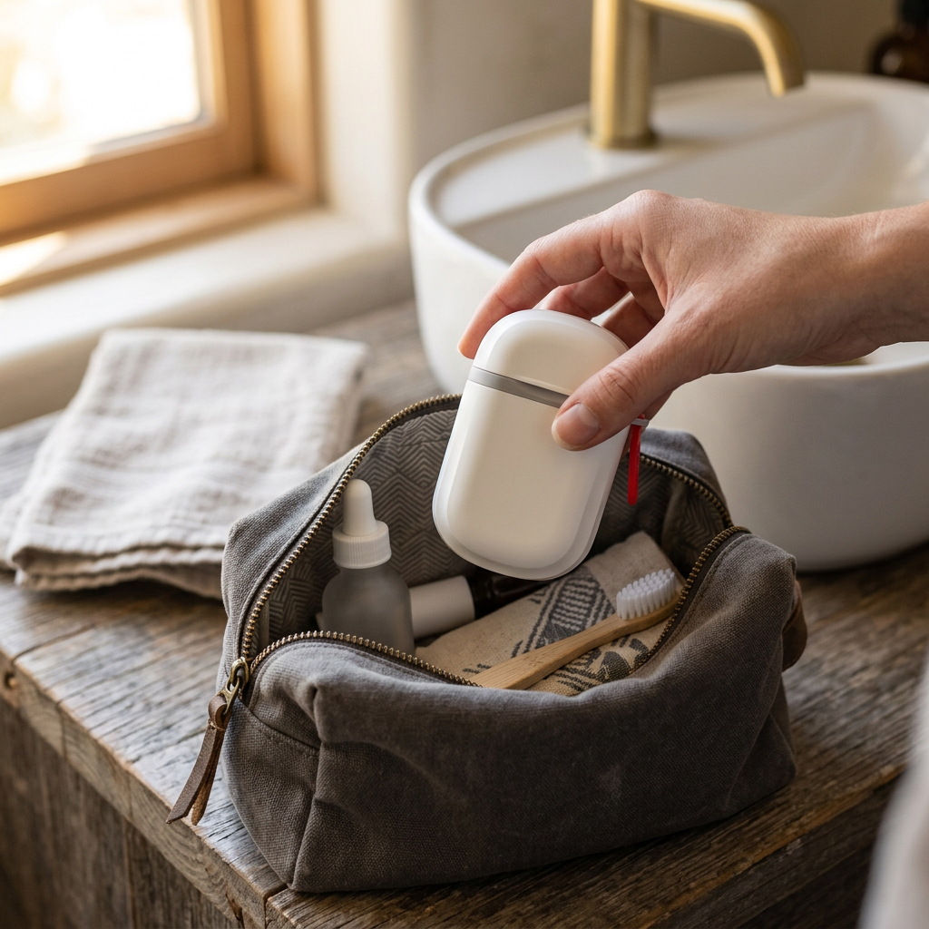 Travel soap container being packed into a toiletry bag