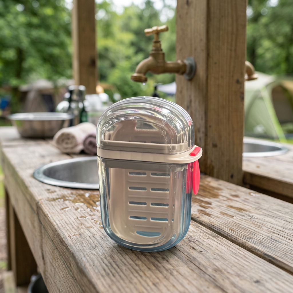Grey waterproof travel soap container on a campsite washstand