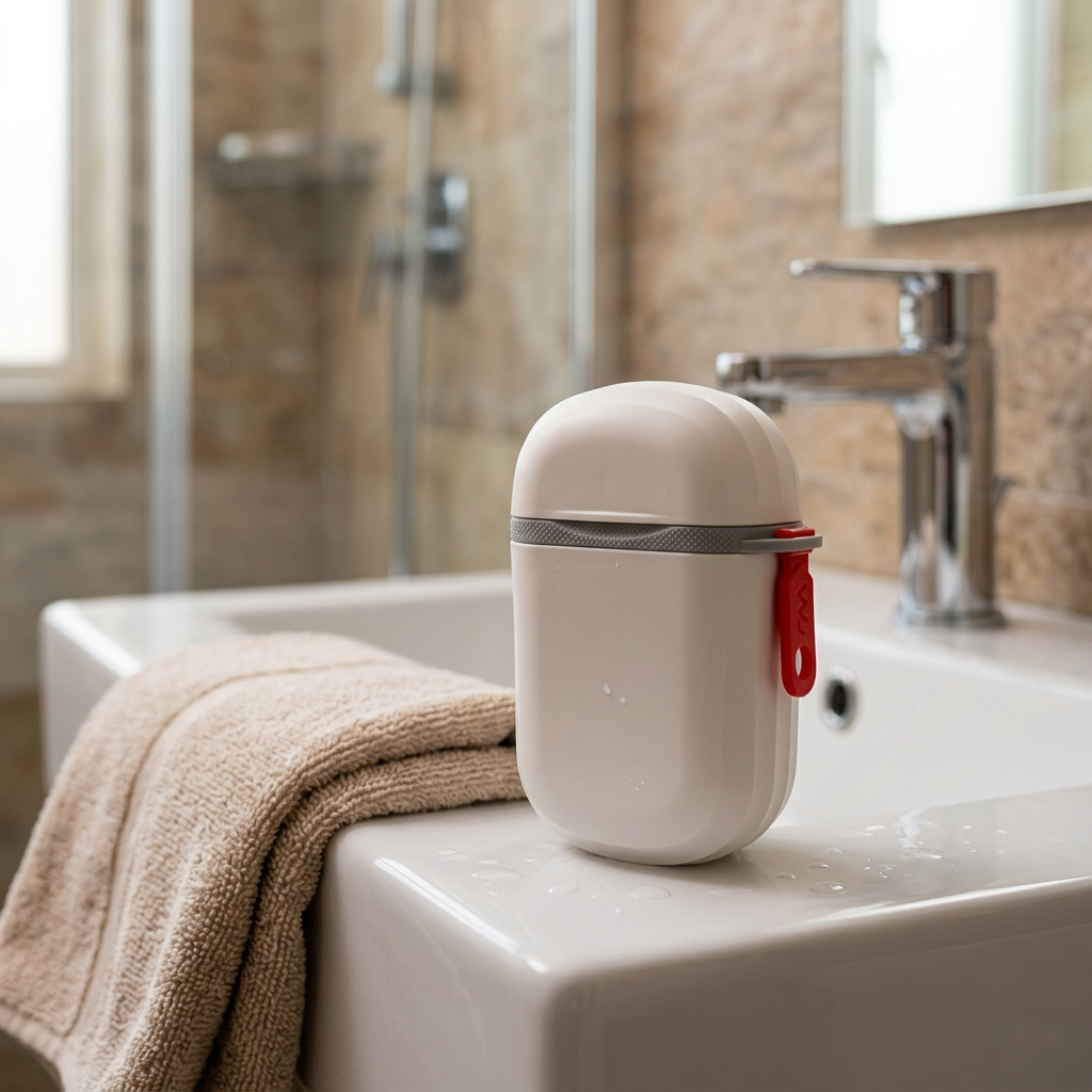 White waterproof travel soap container on a hotel bathroom basin