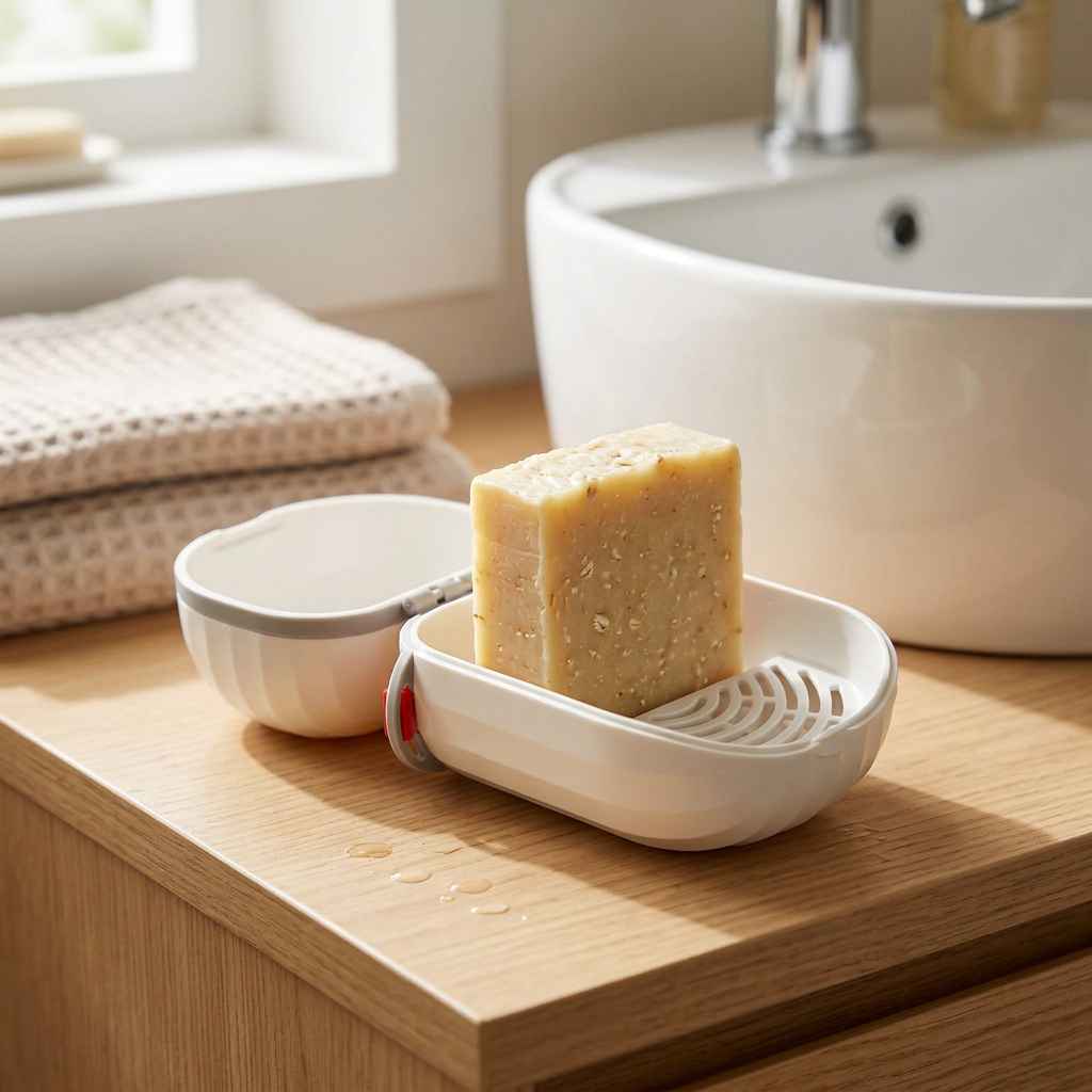 Travel soap container open on a bathroom bench with soap inside