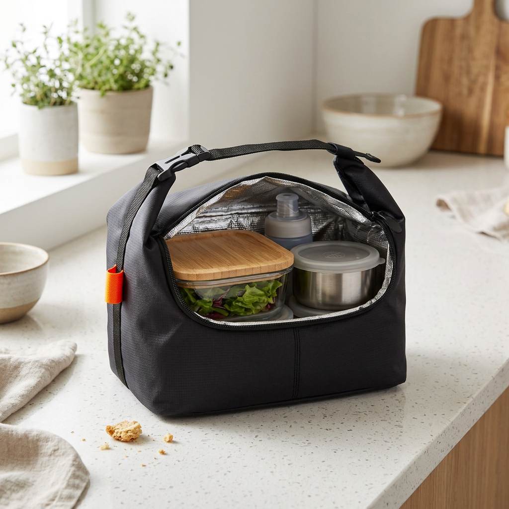 Black insulated lunch bag open on a kitchen bench with food containers