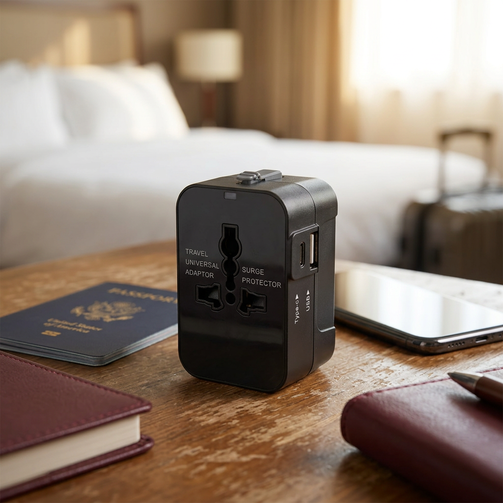 Universal travel power adapter on a hotel desk beside a passport