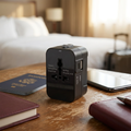 Universal travel power adapter on a hotel desk beside a passport