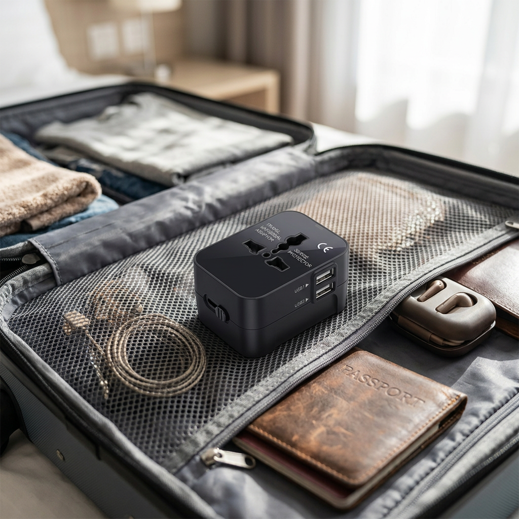Universal travel power adapter in an open suitcase pocket