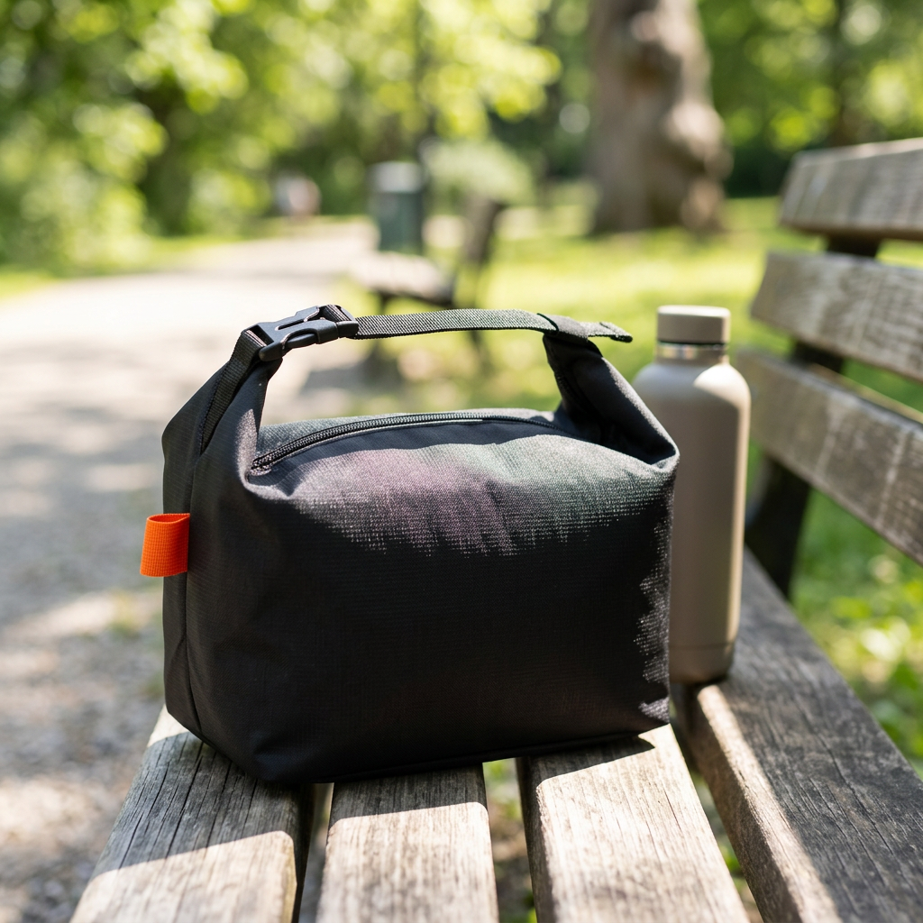 Insulated lunch bag on a park bench beside a water bottle