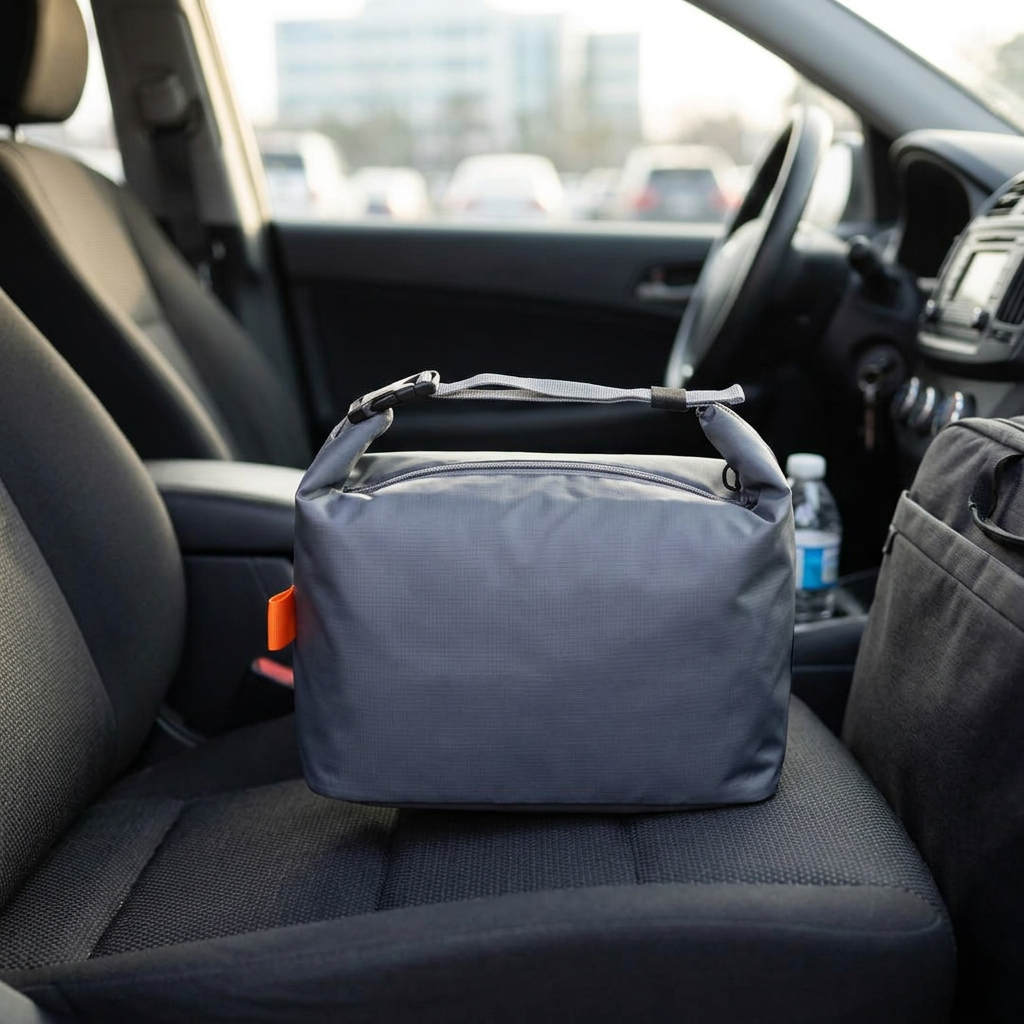 Grey insulated lunch bag on a car passenger seat