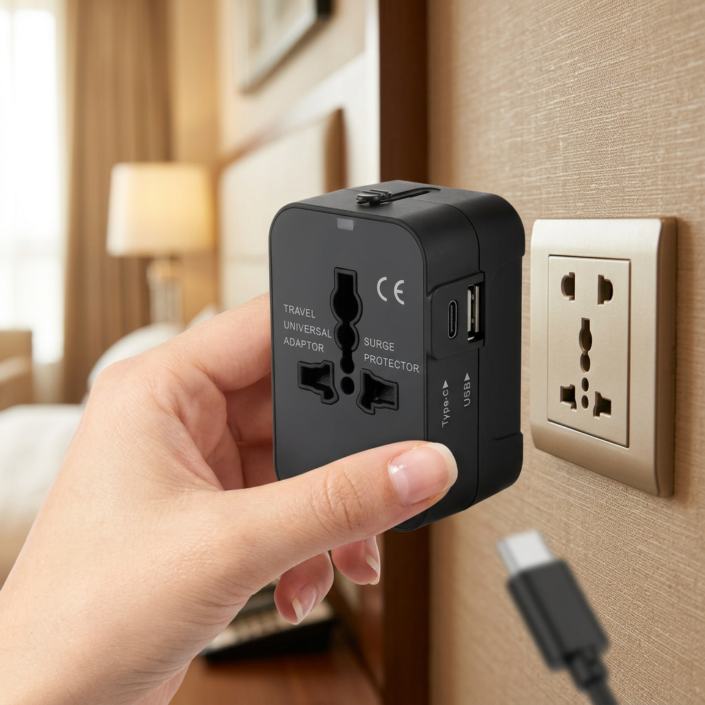 Universal travel power adapter held beside a hotel wall socket