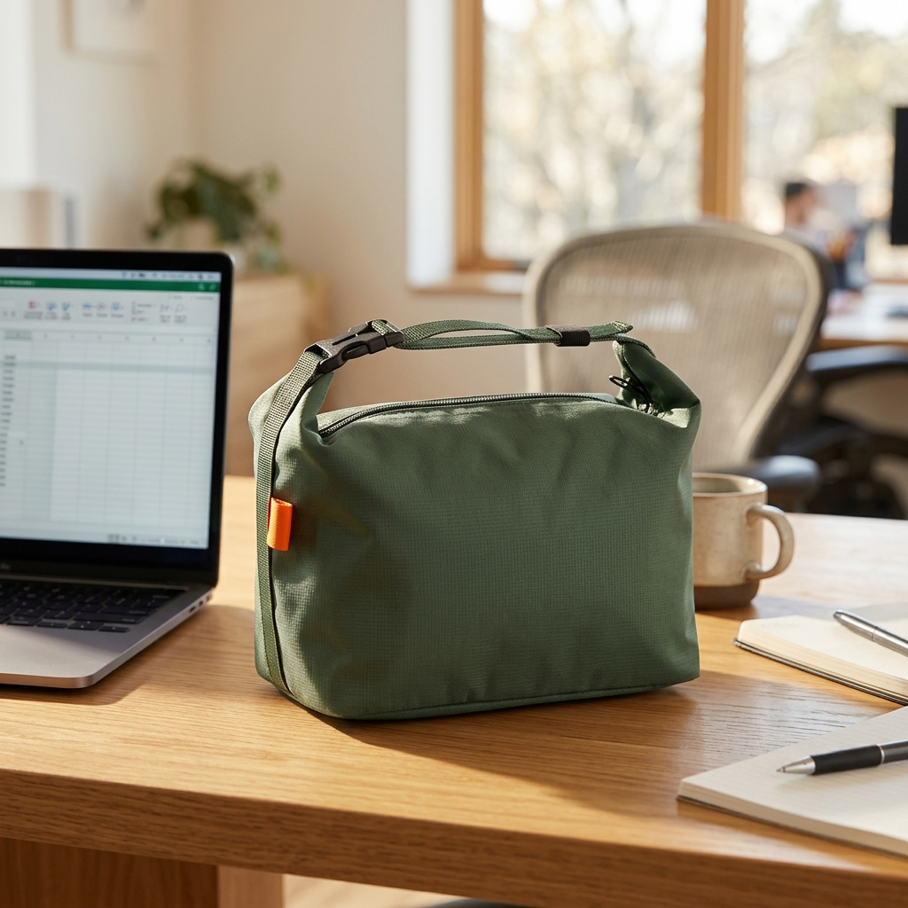 Green insulated lunch bag on an office desk beside a laptop
