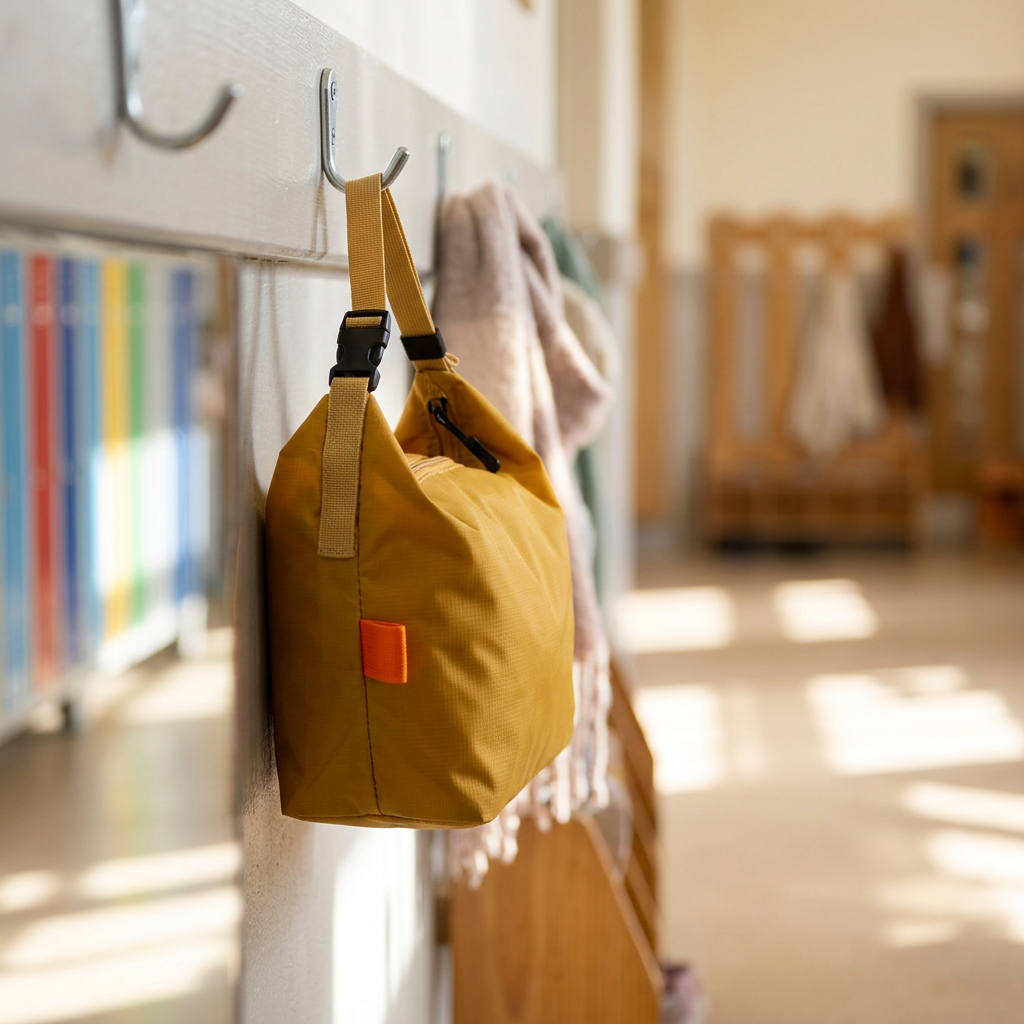 Yellow insulated lunch bag hanging from a hallway hook