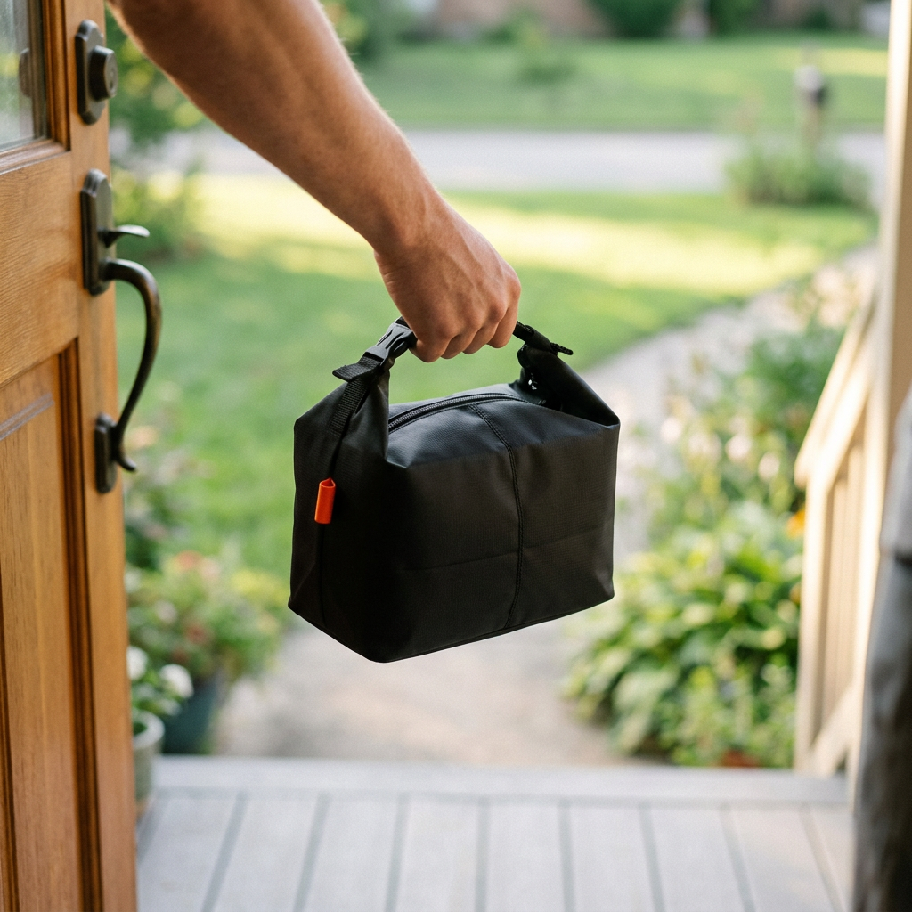 Insulated lunch bag carried by its handle in morning light
