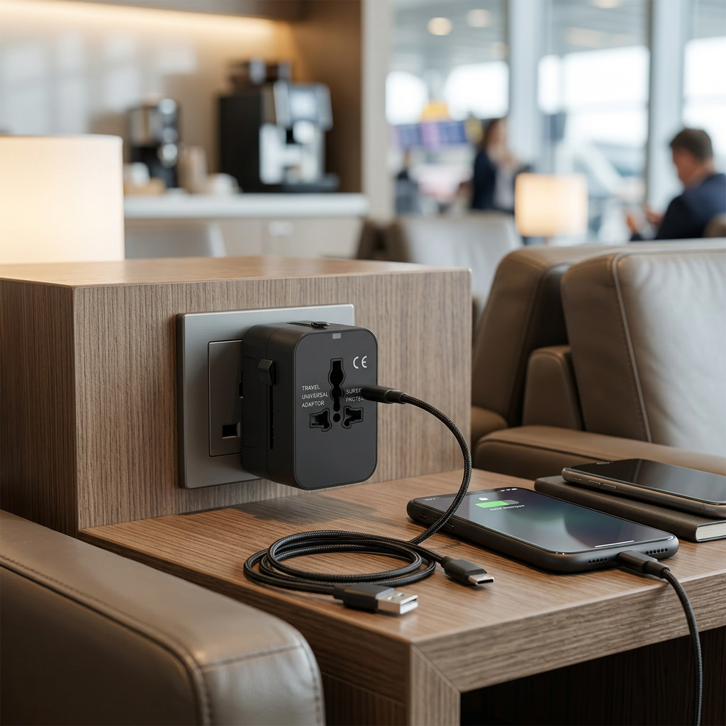 Universal travel power adapter charging a phone on an airport table