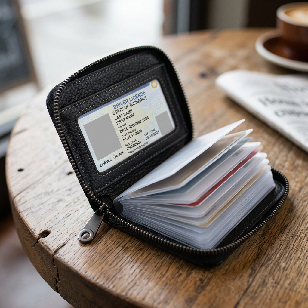 Card holder open showing the clear licence window slot