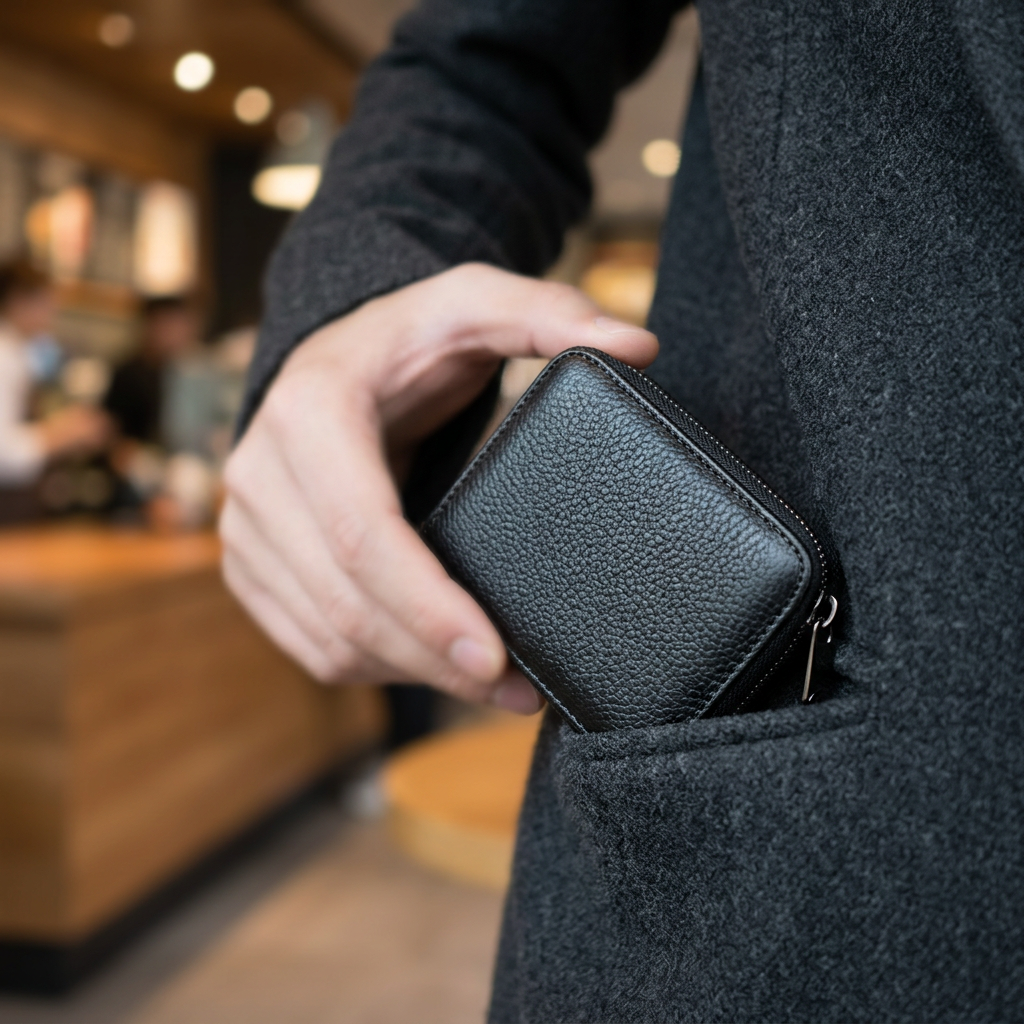 Card holder being slipped into a coat pocket