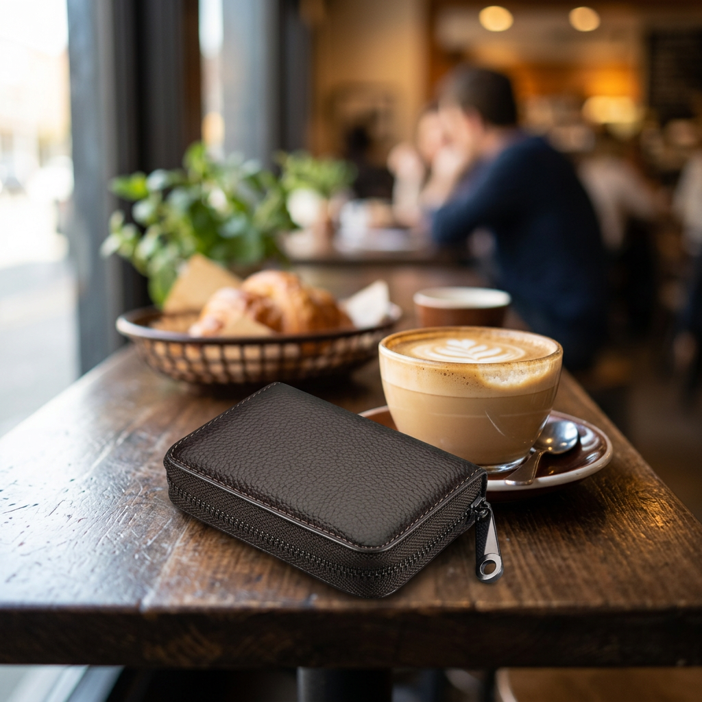 Coffee slim card holder closed on a cafe table