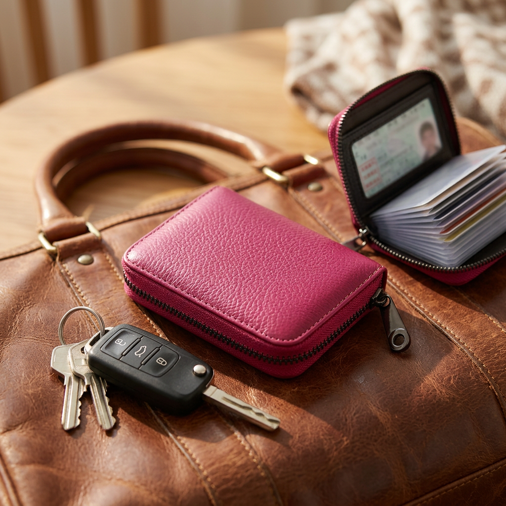 Plum slim card holder on a leather bag beside car keys