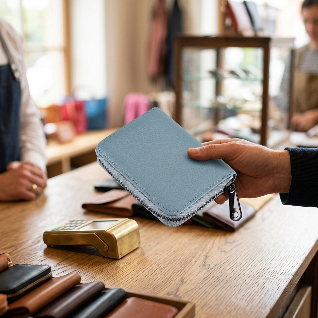 Blue slim card holder held in a hand at a retail counter
