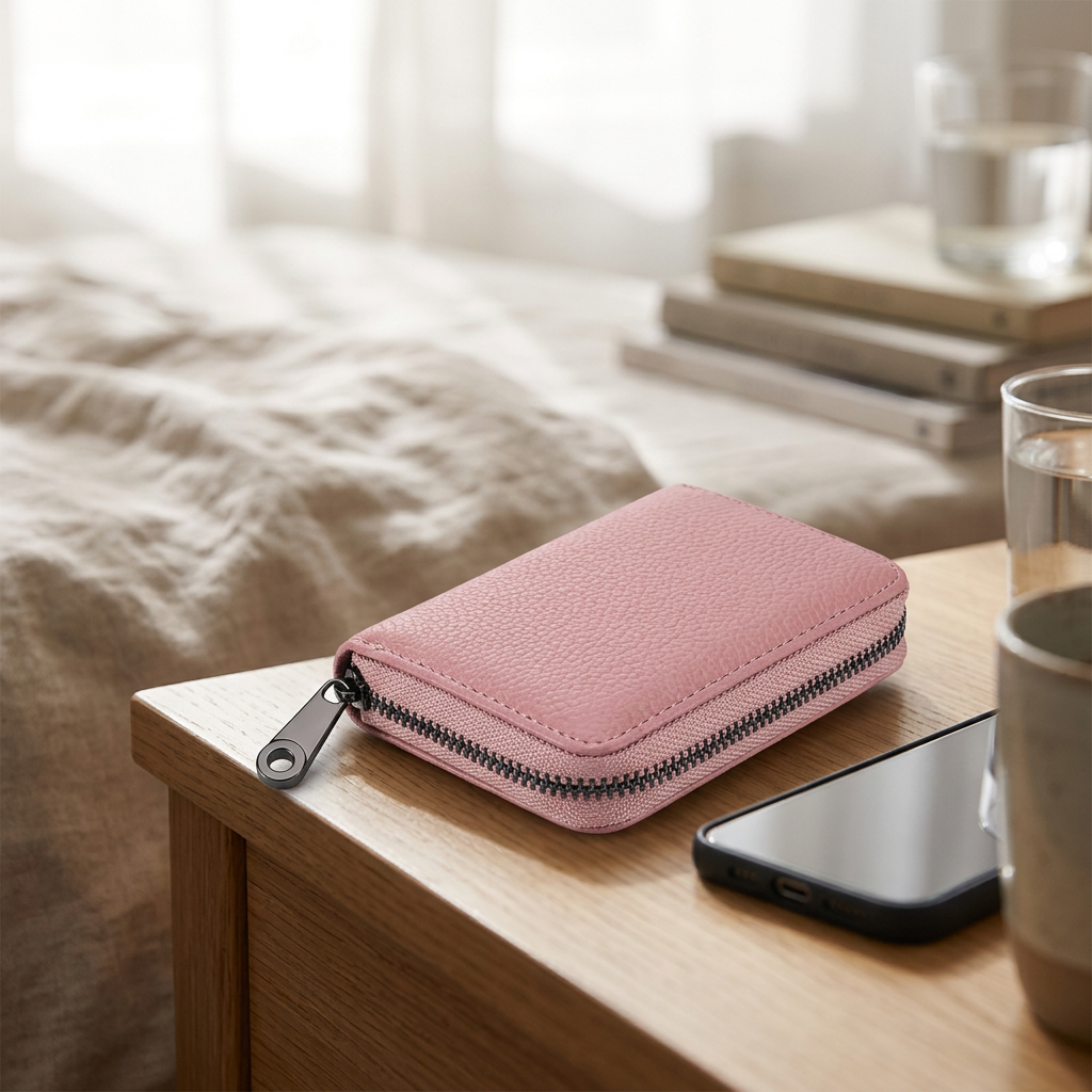 Pink slim card holder on a bedside table beside a phone
