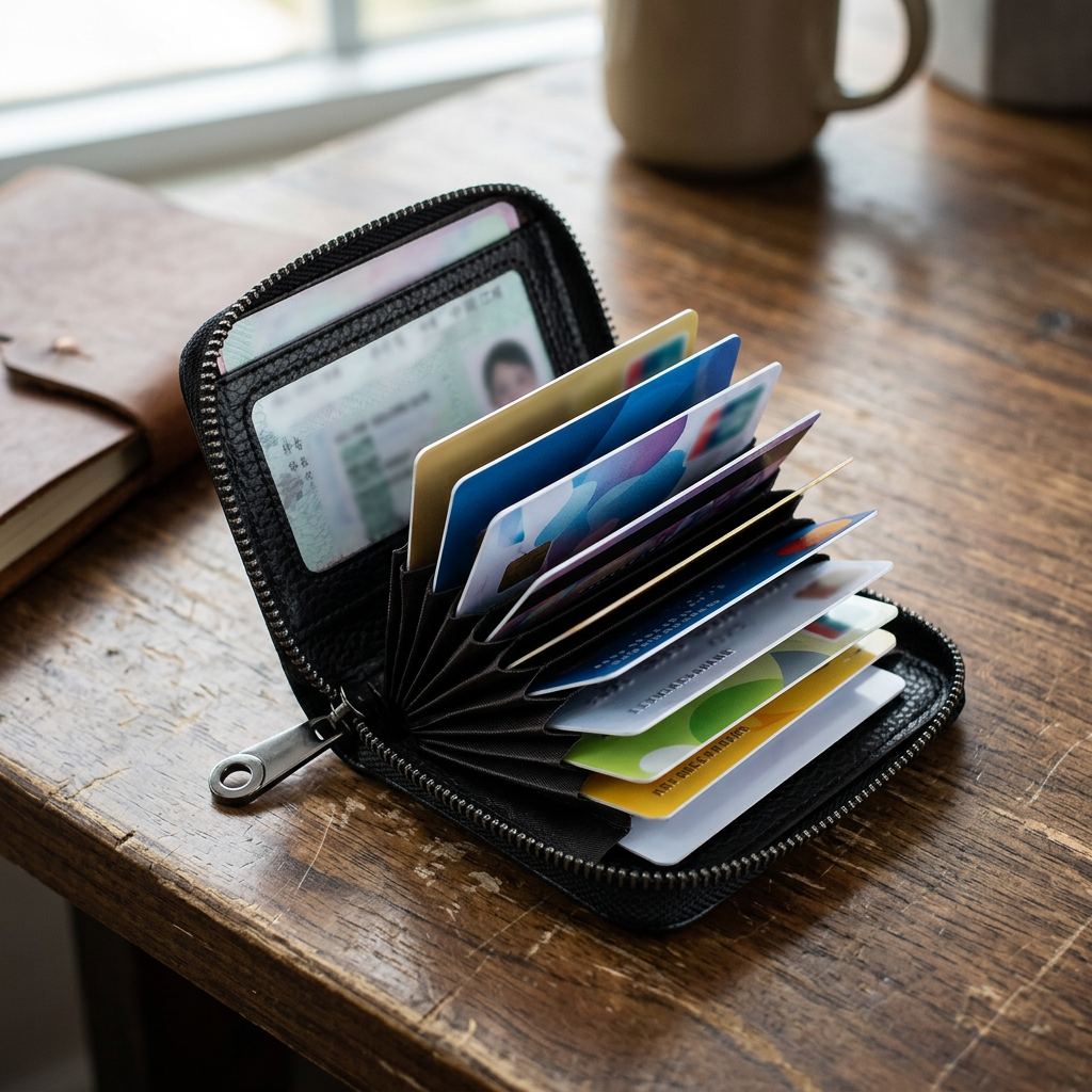 Black slim card holder open on a desk with cards in its slots
